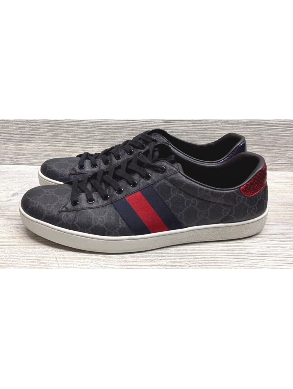 Gucci Mens Ace GG Supreme Sneakers 12 G Black Red Blue Web Stripe Low Top Shoes